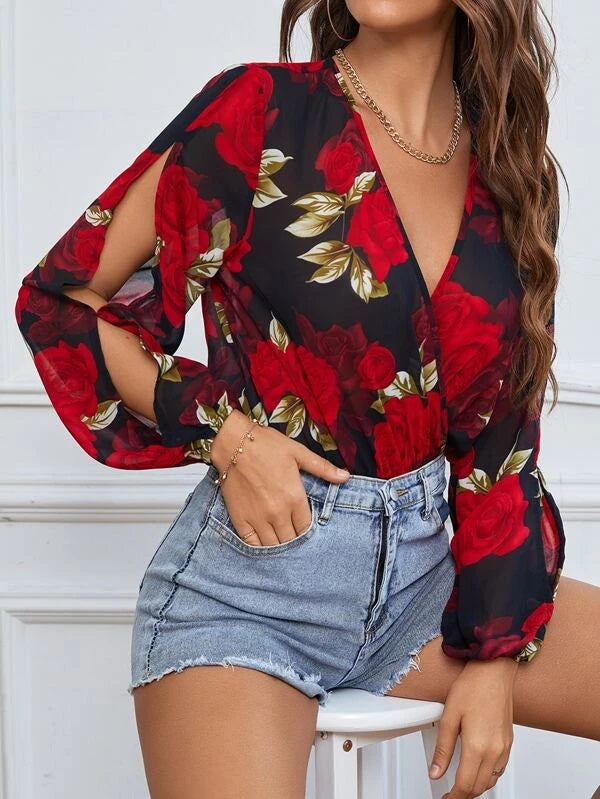 CM-TS573293 Women Trendy Bohemian Style Floral Print Split Lantern Sleeve Bodysuit