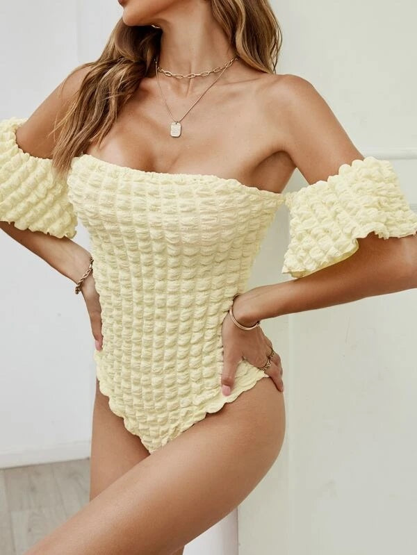 CM-TS422314 Women Casual Seoul Style Solid Textured Off Shoulder Bodysuit - Beige