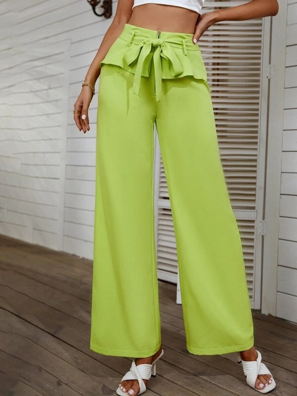 CM-BS978959 Women Elegant Seoul Style Ruffle Trim Belted Wide Leg Pants - Lime Green