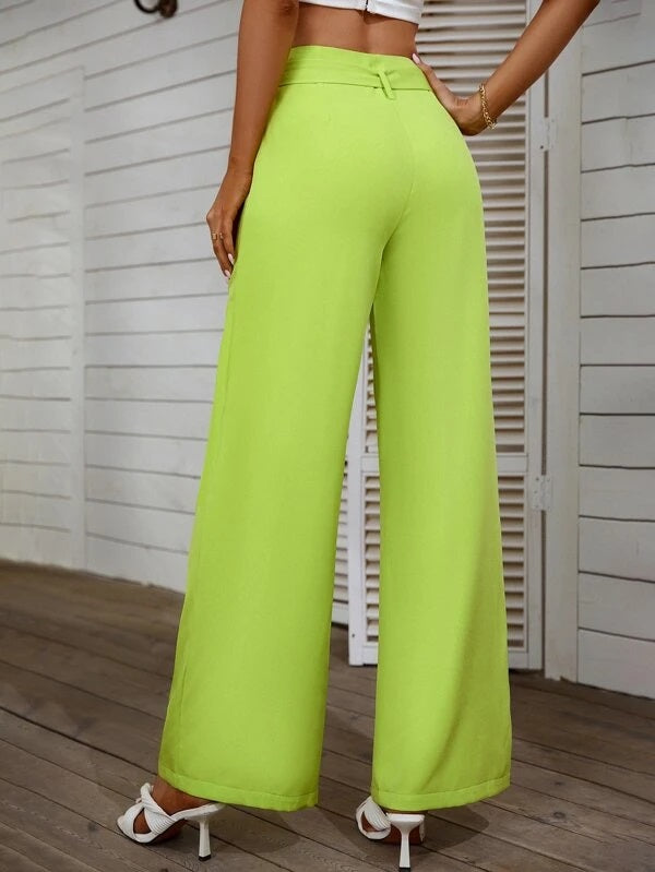 CM-BS978959 Women Elegant Seoul Style Ruffle Trim Belted Wide Leg Pants - Lime Green