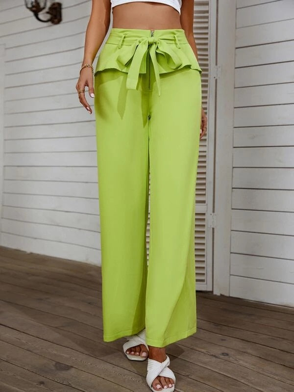 CM-BS978959 Women Elegant Seoul Style Ruffle Trim Belted Wide Leg Pants - Lime Green