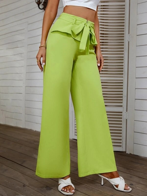 CM-BS978959 Women Elegant Seoul Style Ruffle Trim Belted Wide Leg Pants - Lime Green