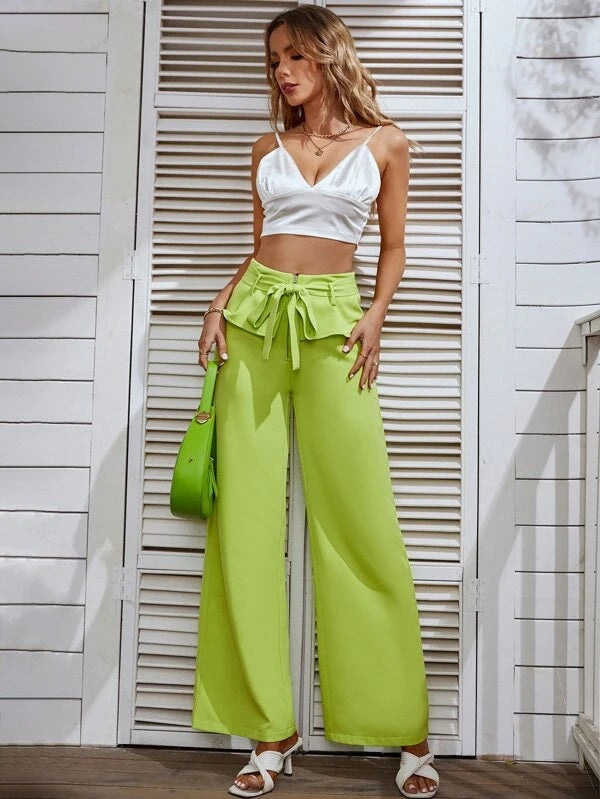 CM-BS978959 Women Elegant Seoul Style Ruffle Trim Belted Wide Leg Pants - Lime Green