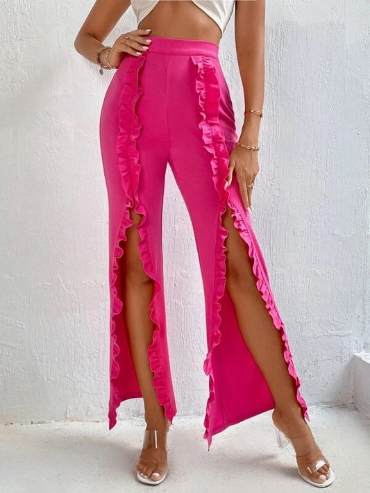 CM-BS215128 Women Trendy Bohemian Style Ruffle Trim Slit Thigh Flare Leg Pants - Hot Pink