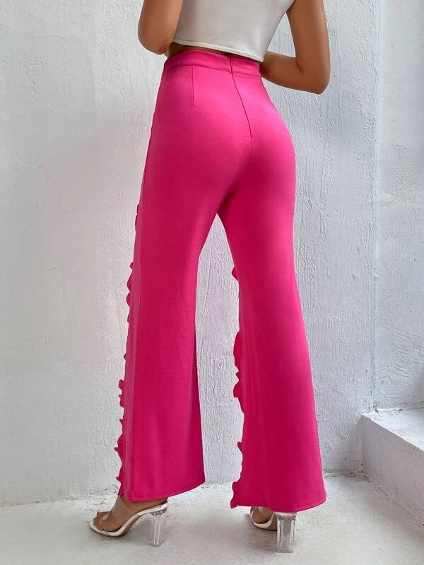CM-BS215128 Women Trendy Bohemian Style Ruffle Trim Slit Thigh Flare Leg Pants - Hot Pink