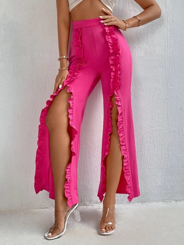 CM-BS215128 Women Trendy Bohemian Style Ruffle Trim Slit Thigh Flare Leg Pants - Hot Pink
