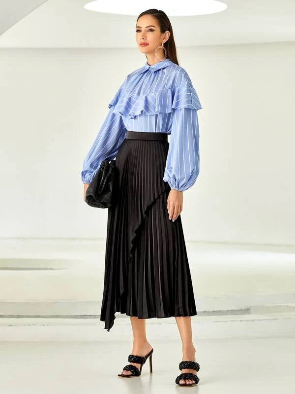 CM-BS952245 Women Elegant Seoul Style High Waist Asymmetrical Hem Belted Pleated Skirt