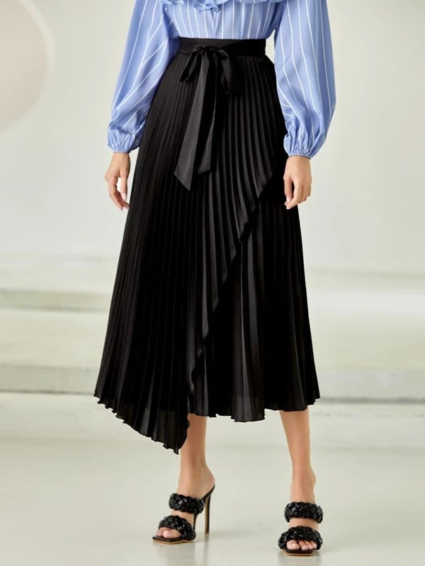 CM-BS952245 Women Elegant Seoul Style High Waist Asymmetrical Hem Belted Pleated Skirt