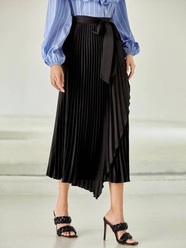 CM-BS952245 Women Elegant Seoul Style High Waist Asymmetrical Hem Belted Pleated Skirt