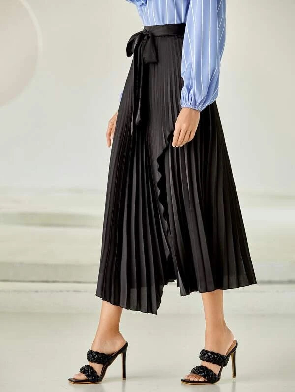 CM-BS952245 Women Elegant Seoul Style High Waist Asymmetrical Hem Belted Pleated Skirt