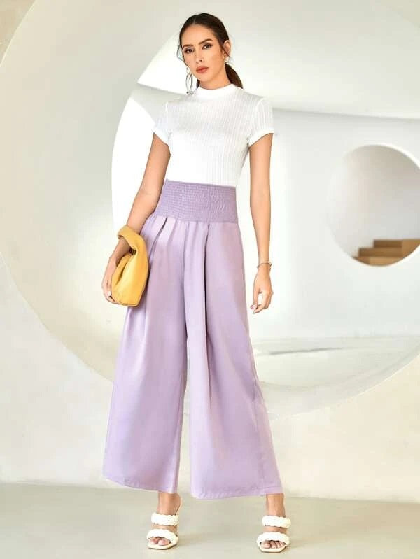 CM-BS778938 Women Casual Seoul Style Shirred Waist Fold Pleated Wide Leg Pants