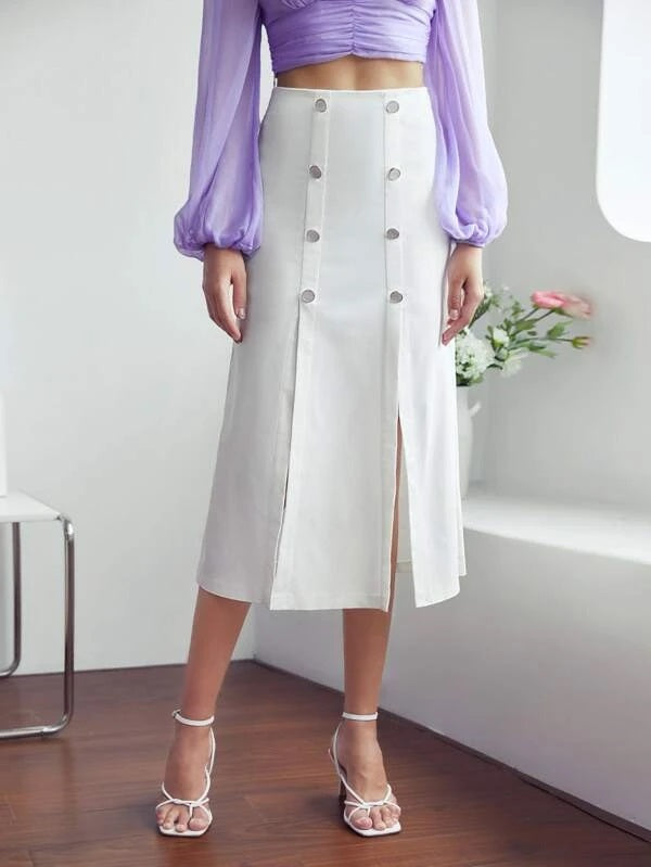 CM-BS017737 Women Elegant Seoul Style High Waist Double Button Split Hem Skirt - White