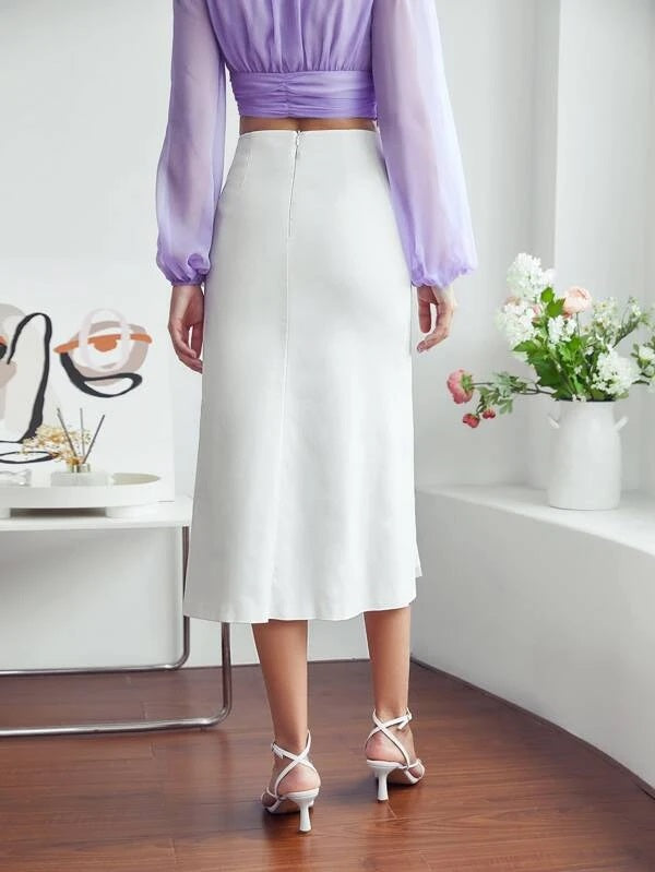 CM-BS017737 Women Elegant Seoul Style High Waist Double Button Split Hem Skirt - White