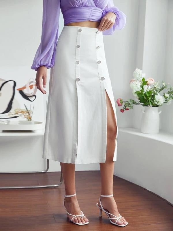 CM-BS017737 Women Elegant Seoul Style High Waist Double Button Split Hem Skirt - White