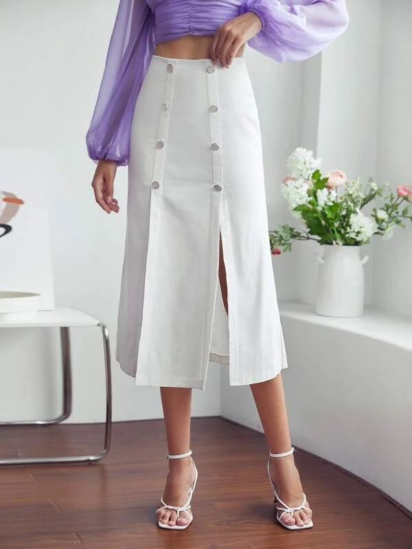 CM-BS017737 Women Elegant Seoul Style High Waist Double Button Split Hem Skirt - White