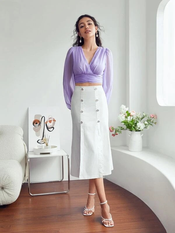 CM-BS017737 Women Elegant Seoul Style High Waist Double Button Split Hem Skirt - White