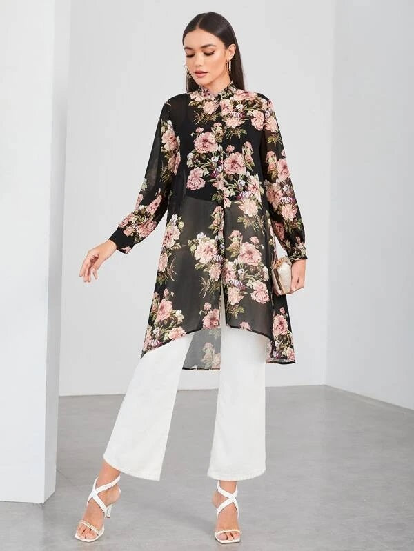 CM-TS319992 Women Elegant Seoul Style Floral Print High Low Sheer Blouse
