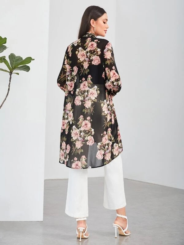 CM-TS319992 Women Elegant Seoul Style Floral Print High Low Sheer Blouse
