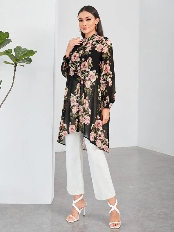 CM-TS319992 Women Elegant Seoul Style Floral Print High Low Sheer Blouse