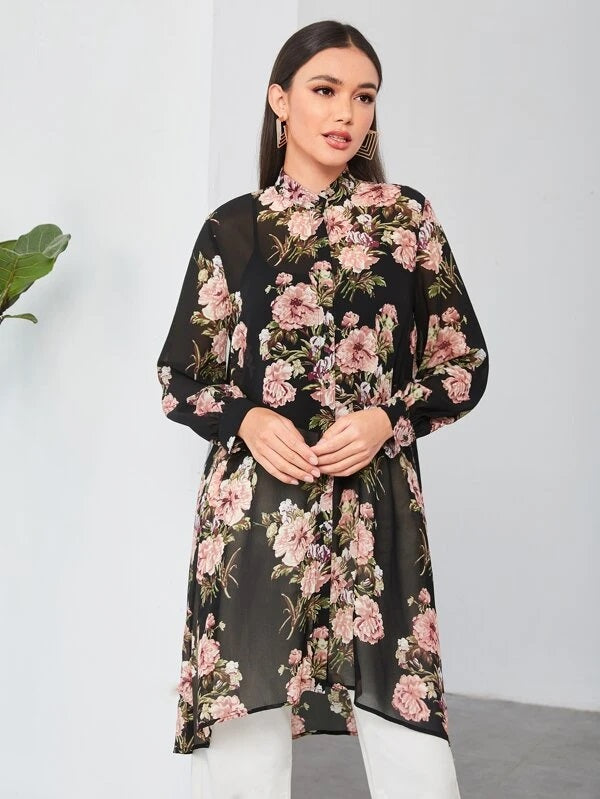 CM-TS319992 Women Elegant Seoul Style Floral Print High Low Sheer Blouse