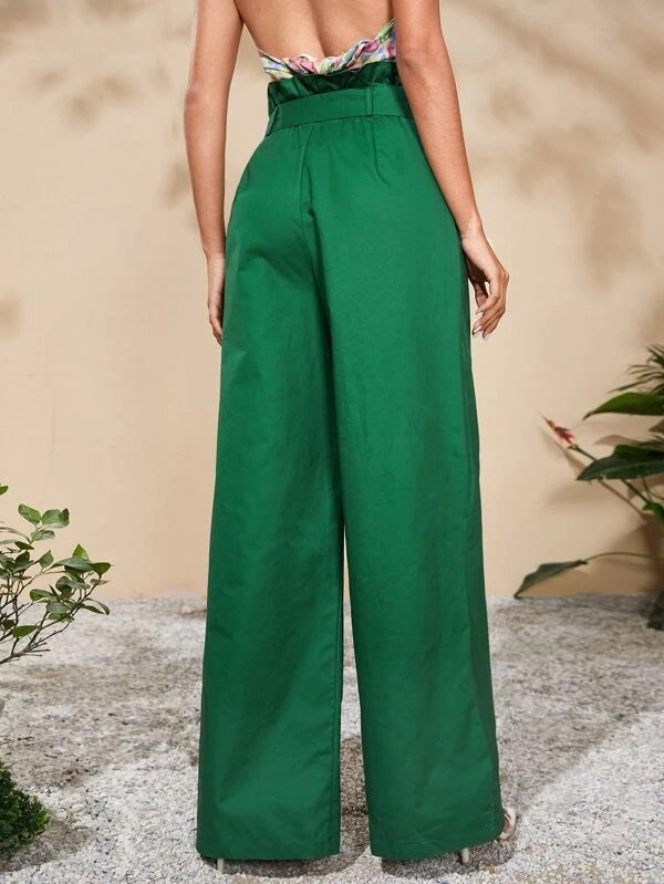 CM-BS377760 Women Elegant Seoul Style Paper Bag Waist Wide Leg Pants - Green