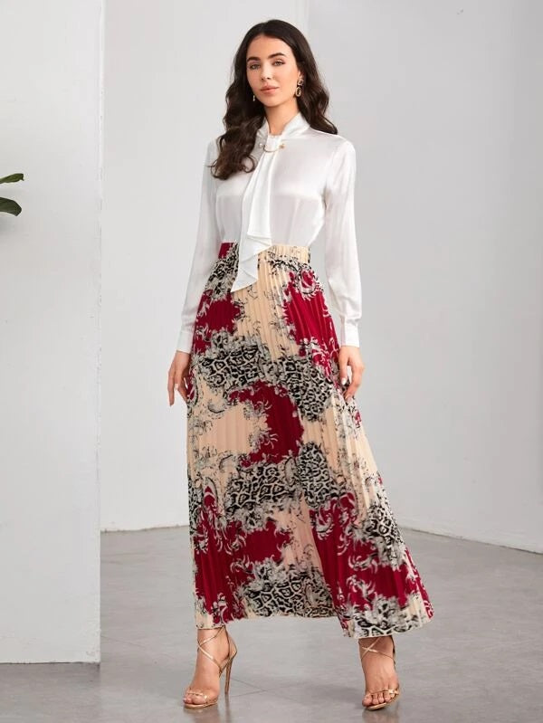 CM-BS877096 Women Elegant Seoul Style High Waist Baroque Print Pleated Skirt