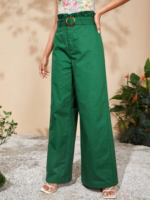 CM-BS377760 Women Elegant Seoul Style Paper Bag Waist Wide Leg Pants - Green