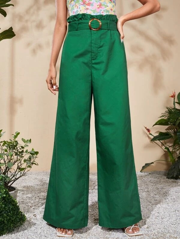 CM-BS377760 Women Elegant Seoul Style Paper Bag Waist Wide Leg Pants - Green