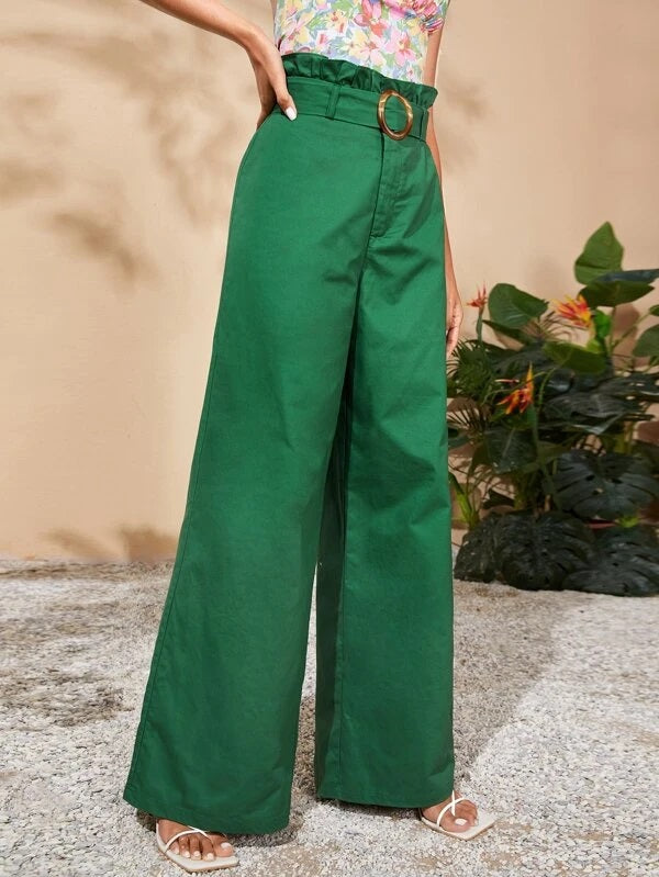 CM-BS377760 Women Elegant Seoul Style Paper Bag Waist Wide Leg Pants - Green