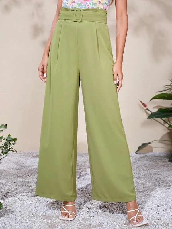 CM-BS876411 Women Casual Seoul Style Solid High Waist Belted Wide Leg Pants - Lime Green