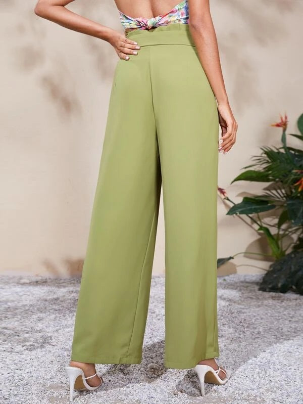 CM-BS876411 Women Casual Seoul Style Solid High Waist Belted Wide Leg Pants - Lime Green