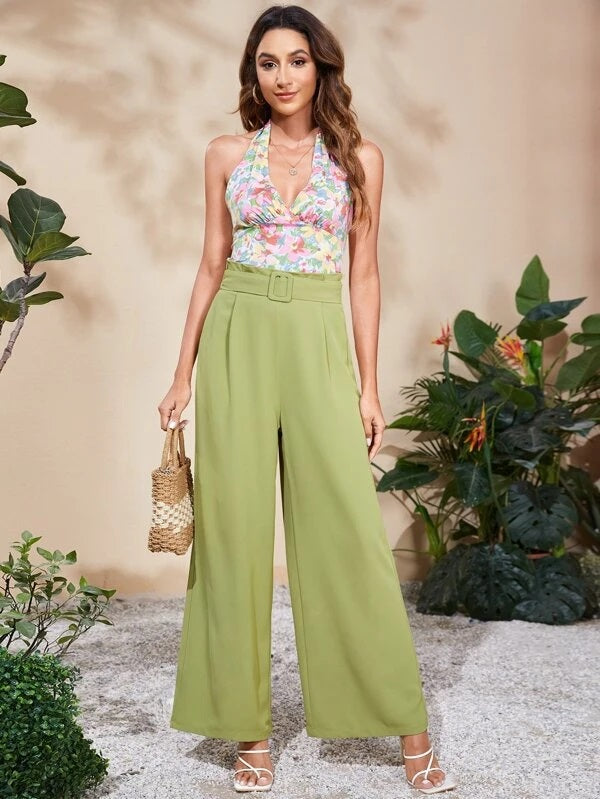 CM-BS876411 Women Casual Seoul Style Solid High Waist Belted Wide Leg Pants - Lime Green