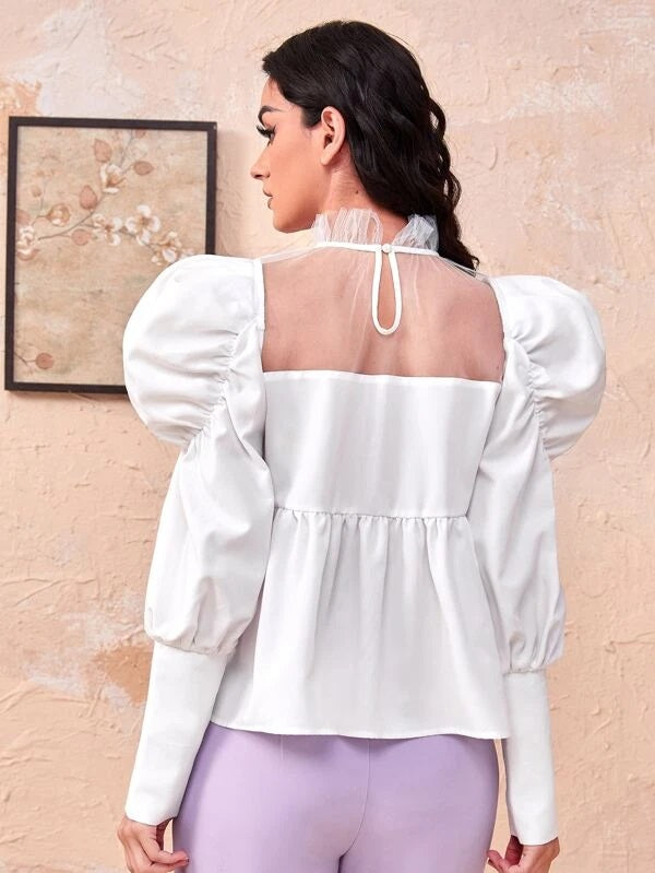 CM-TS500060 Women Elegant Seoul Style Mock Neck Knot Contrast Mesh Ruffle Hem Blouse
