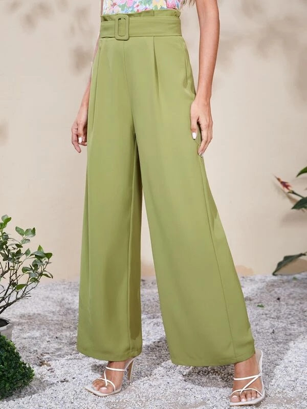 CM-BS876411 Women Casual Seoul Style Solid High Waist Belted Wide Leg Pants - Lime Green