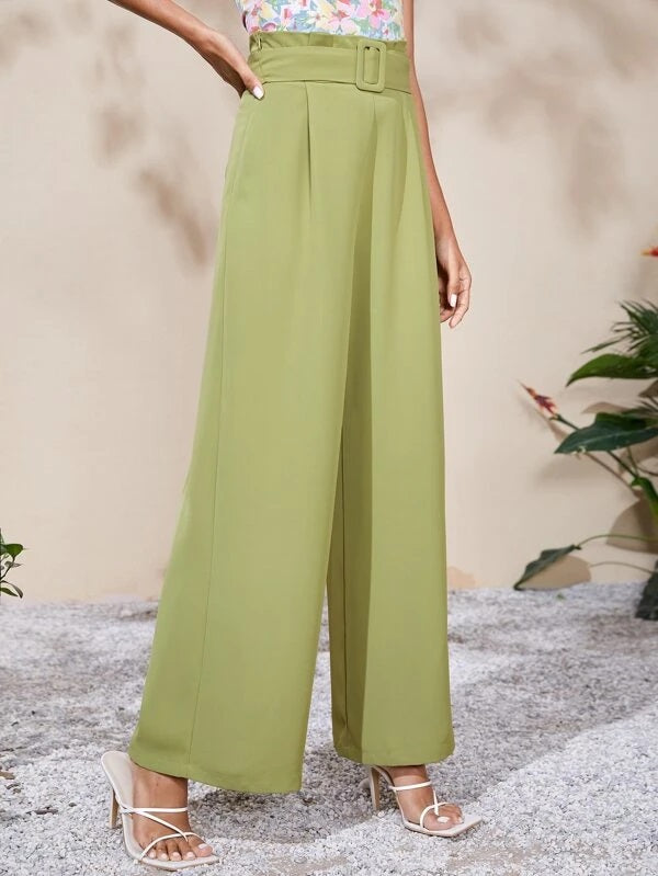 CM-BS876411 Women Casual Seoul Style Solid High Waist Belted Wide Leg Pants - Lime Green