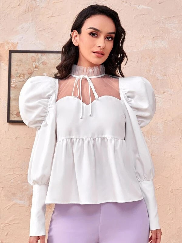 CM-TS500060 Women Elegant Seoul Style Mock Neck Knot Contrast Mesh Ruffle Hem Blouse
