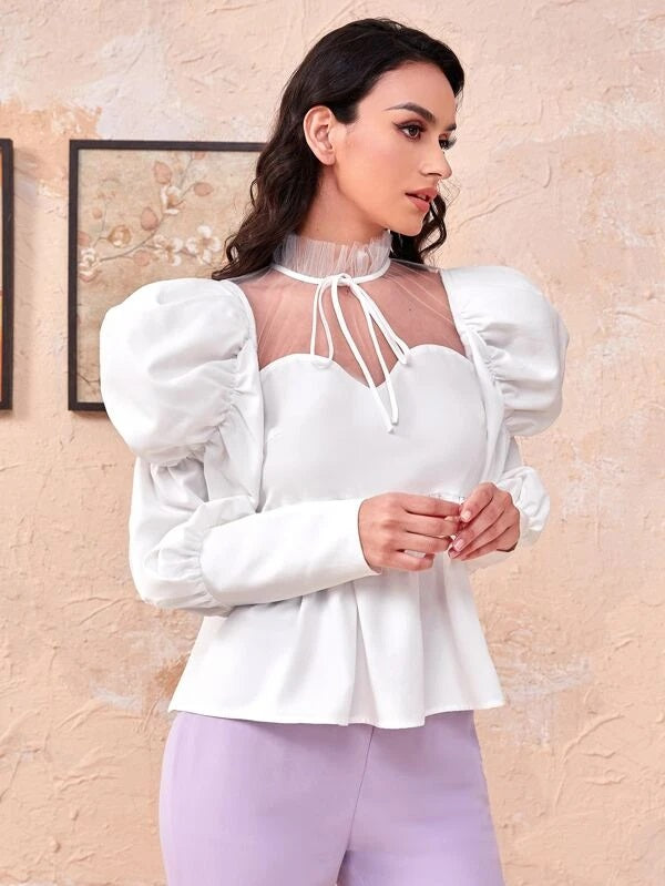 CM-TS500060 Women Elegant Seoul Style Mock Neck Knot Contrast Mesh Ruffle Hem Blouse