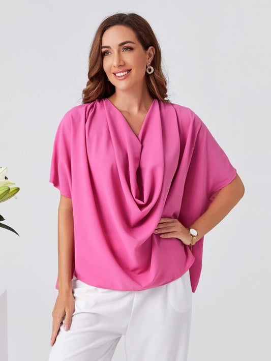 CM-TS359578 Women Casual Seoul Style Draped Neck Batwing Sleeve Blouse - Hot Pink