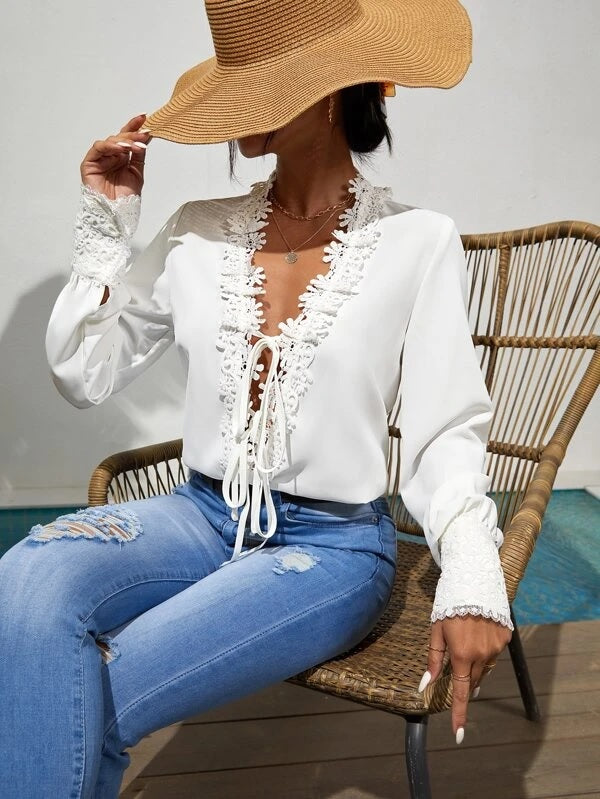 CM-TS398857 Women Casual Seoul Style Contrast Guipure Lace Tie Front Bishop Sleeve Blouse
