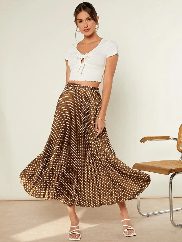 CM-BS764964 Women Trendy Bohemian Style Polka Dot High Waist Pleated Skirt - Brown