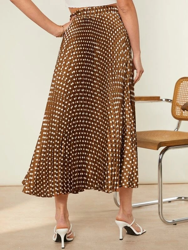 CM-BS764964 Women Trendy Bohemian Style Polka Dot High Waist Pleated Skirt - Brown