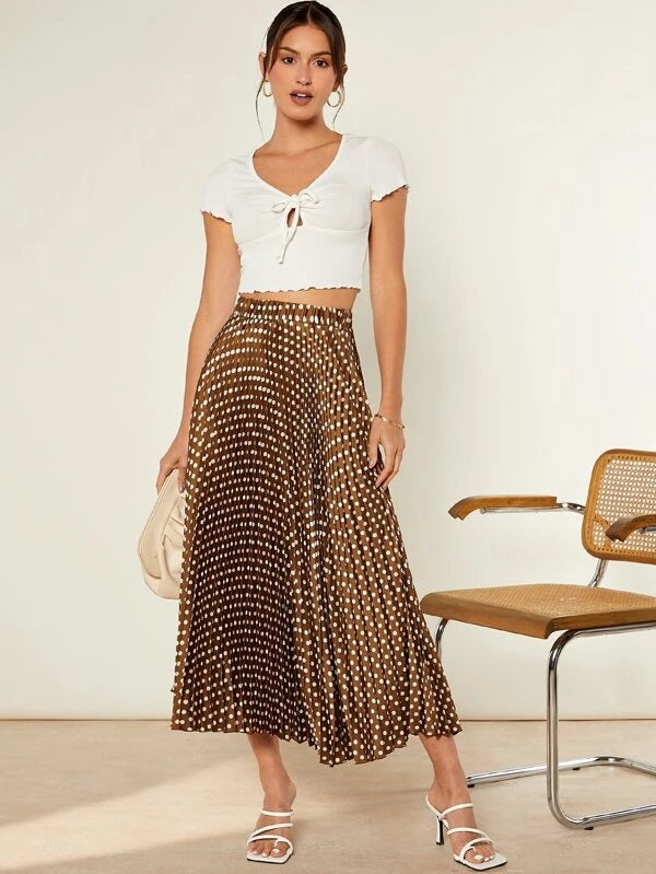 CM-BS764964 Women Trendy Bohemian Style Polka Dot High Waist Pleated Skirt - Brown