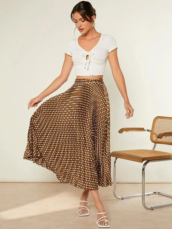 CM-BS764964 Women Trendy Bohemian Style Polka Dot High Waist Pleated Skirt - Brown