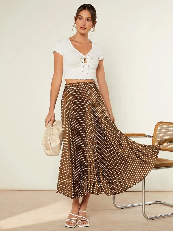 CM-BS764964 Women Trendy Bohemian Style Polka Dot High Waist Pleated Skirt - Brown