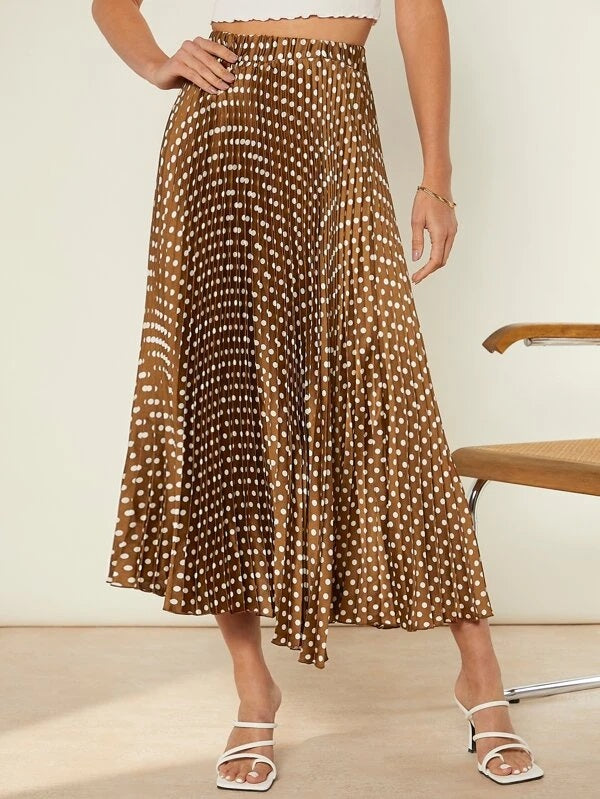 CM-BS764964 Women Trendy Bohemian Style Polka Dot High Waist Pleated Skirt - Brown