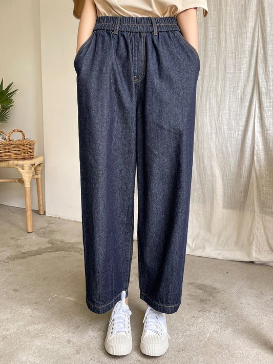 CM-BS777700 Women Casual Seoul Style Elastic Waist Slant Pocket Wide Leg Jeans