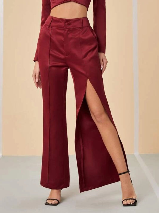 CM-BS894917 Women Elegant Seoul Style Split Thigh Asymmetrical Pants - Burgundy