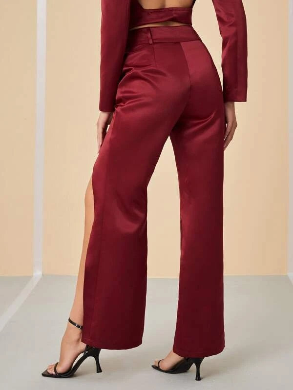 CM-BS894917 Women Elegant Seoul Style Split Thigh Asymmetrical Pants - Burgundy