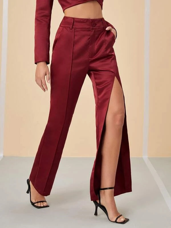 CM-BS894917 Women Elegant Seoul Style Split Thigh Asymmetrical Pants - Burgundy