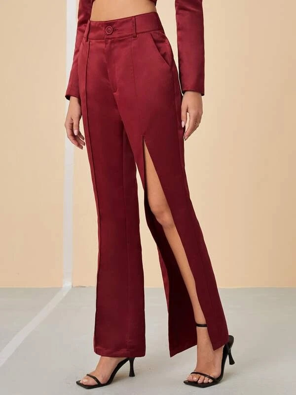 CM-BS894917 Women Elegant Seoul Style Split Thigh Asymmetrical Pants - Burgundy